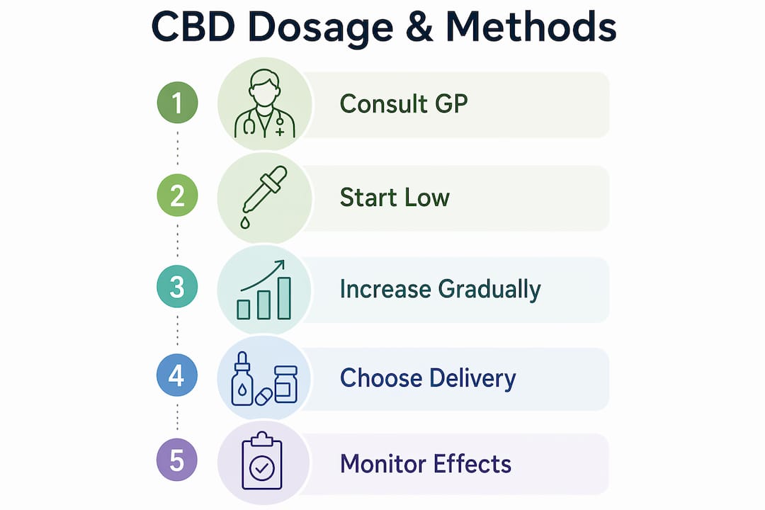 Infographic depicting CBD dosage steps and delivery methods