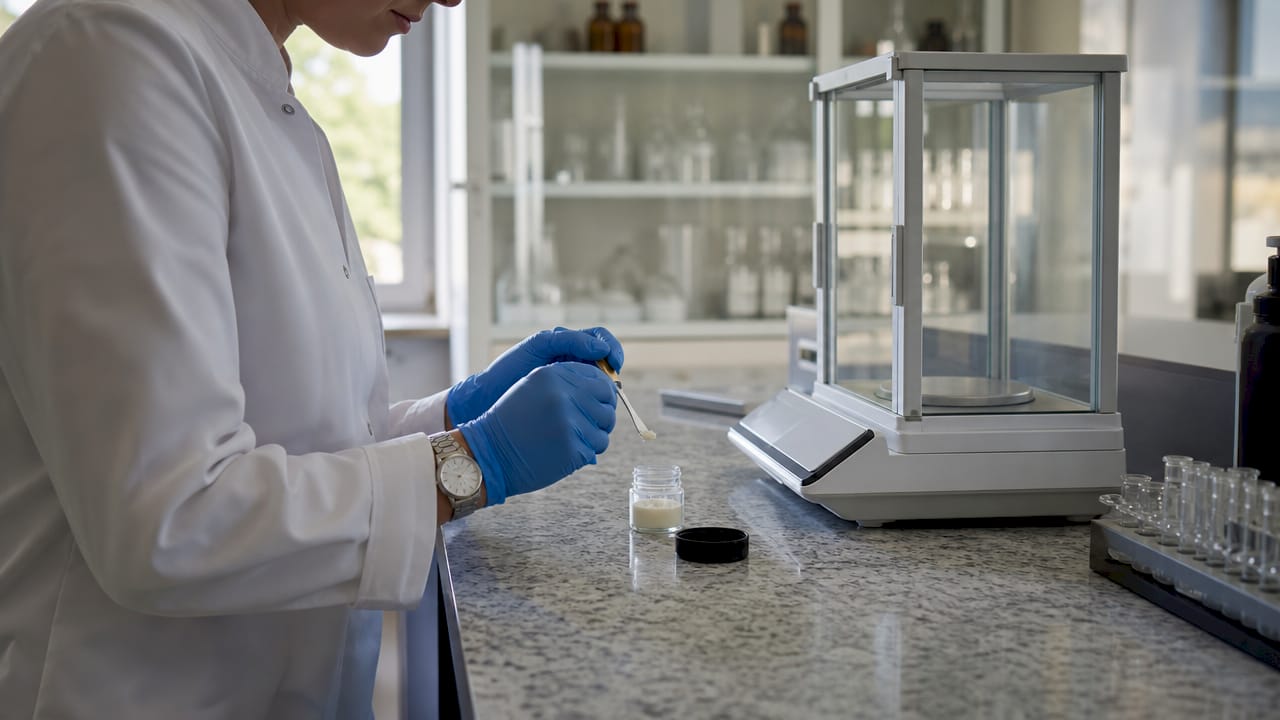 Laboratory technician testing hemp lotion sample