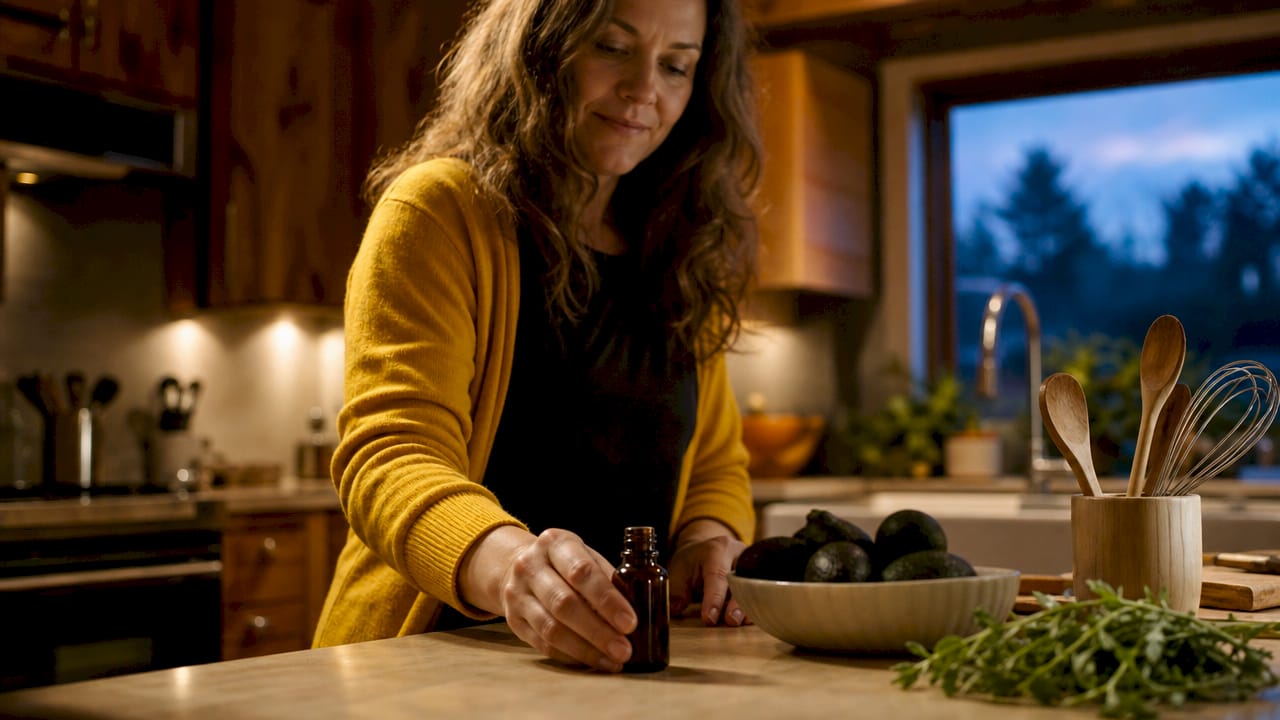 Woman putting opened hemp oil in fridge