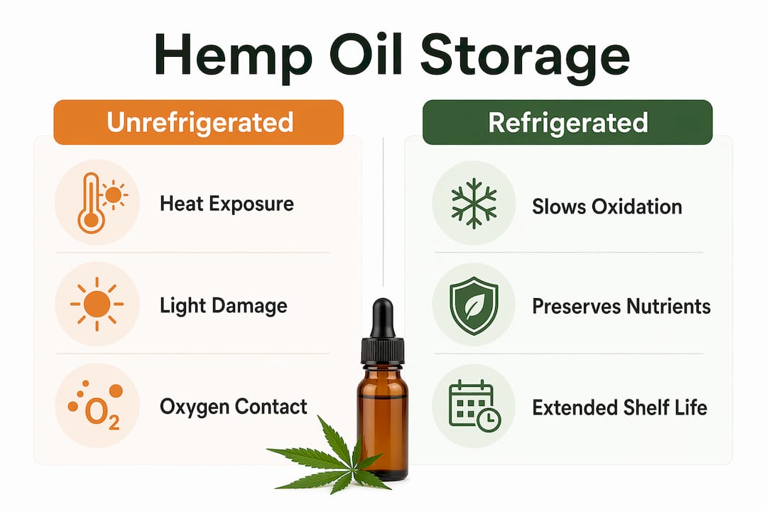 Infographic comparing refrigerated vs unrefrigerated hemp oil