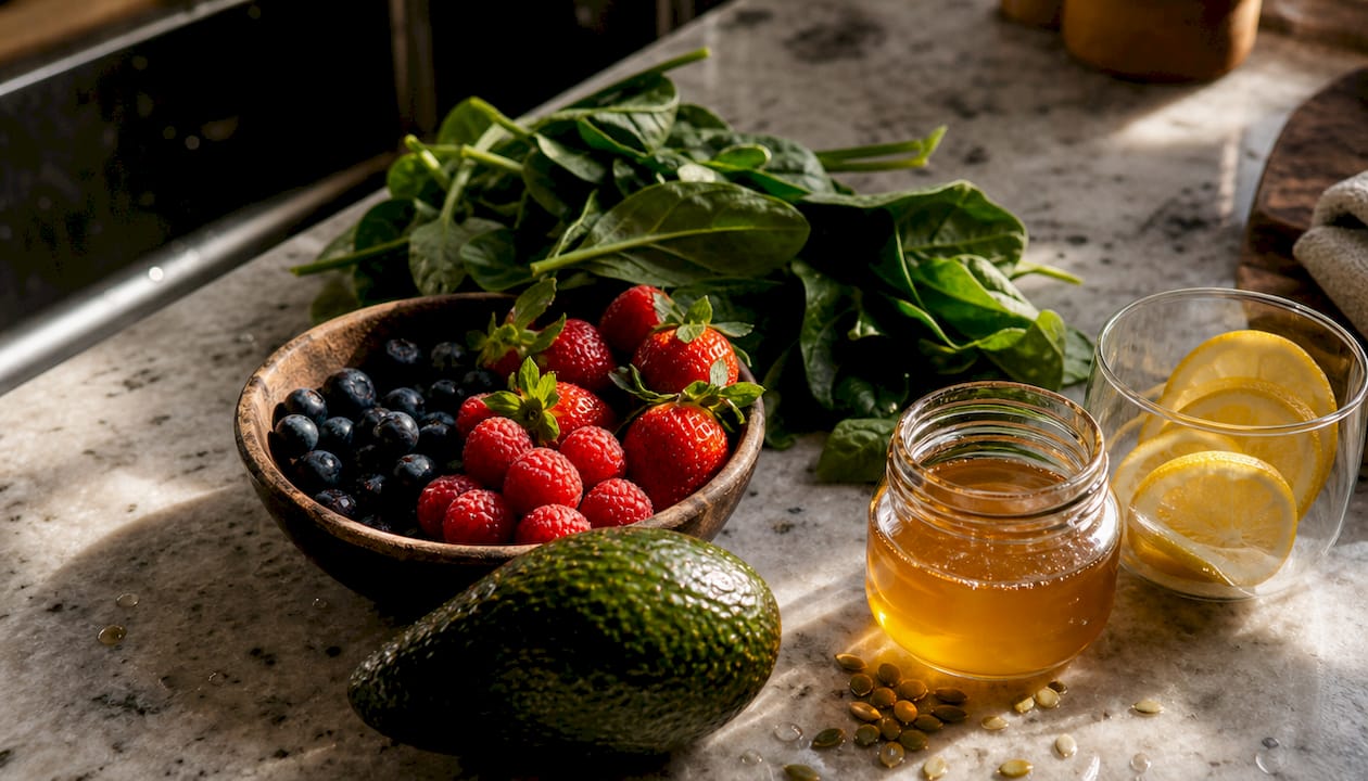 Fresh natural energy-boosting foods on counter