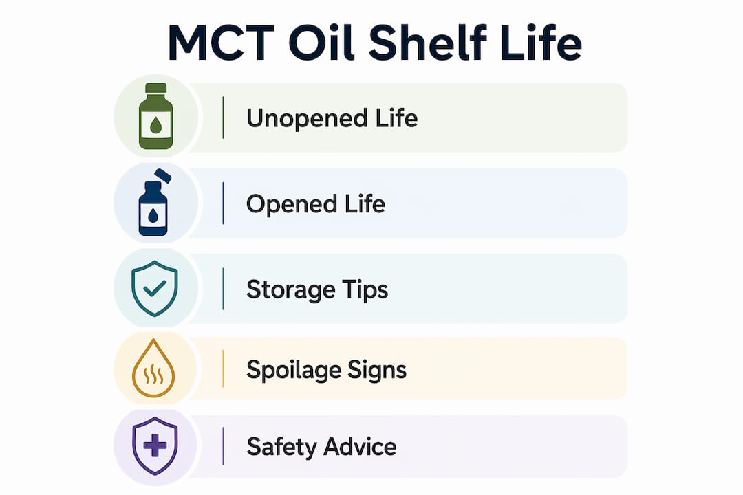 Infographic showing MCT oil shelf life and storage tips