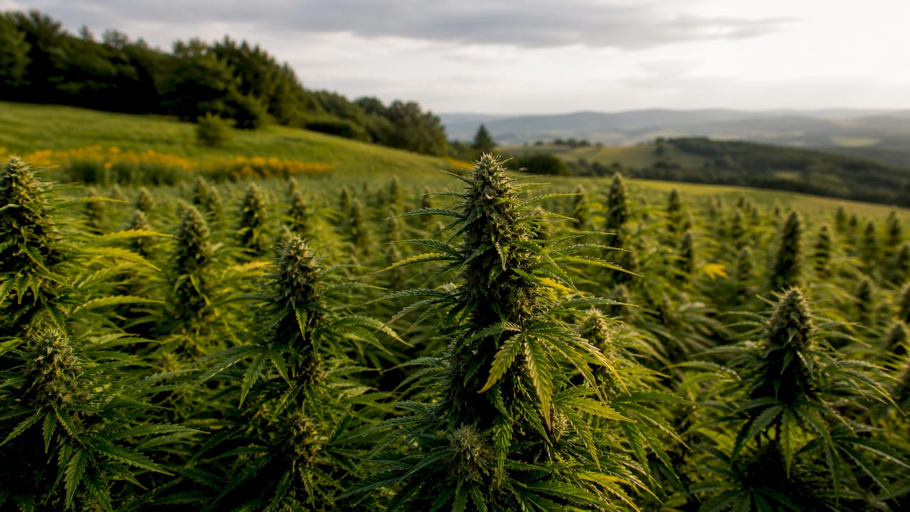 Close-up mature cannabis plants in naturalized Eastern Europe field