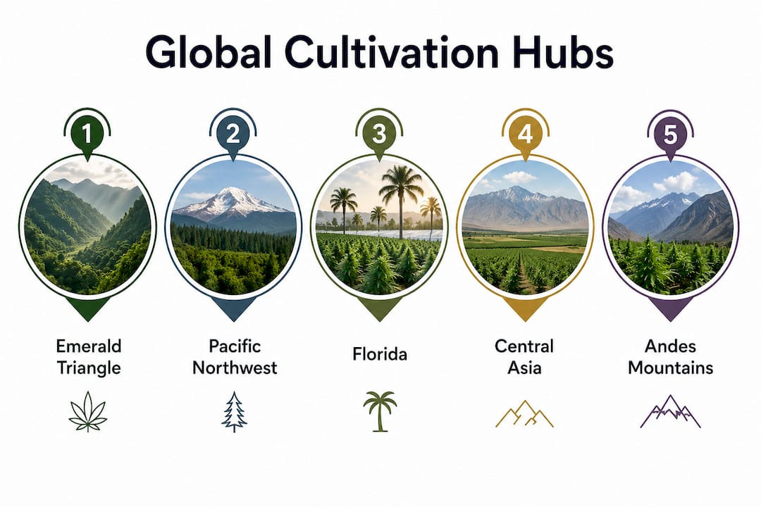 Infographic illustrating major global cannabis cultivation hubs