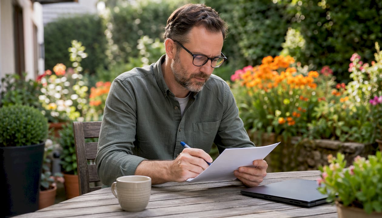 Man reviewing CBD focus information at desk