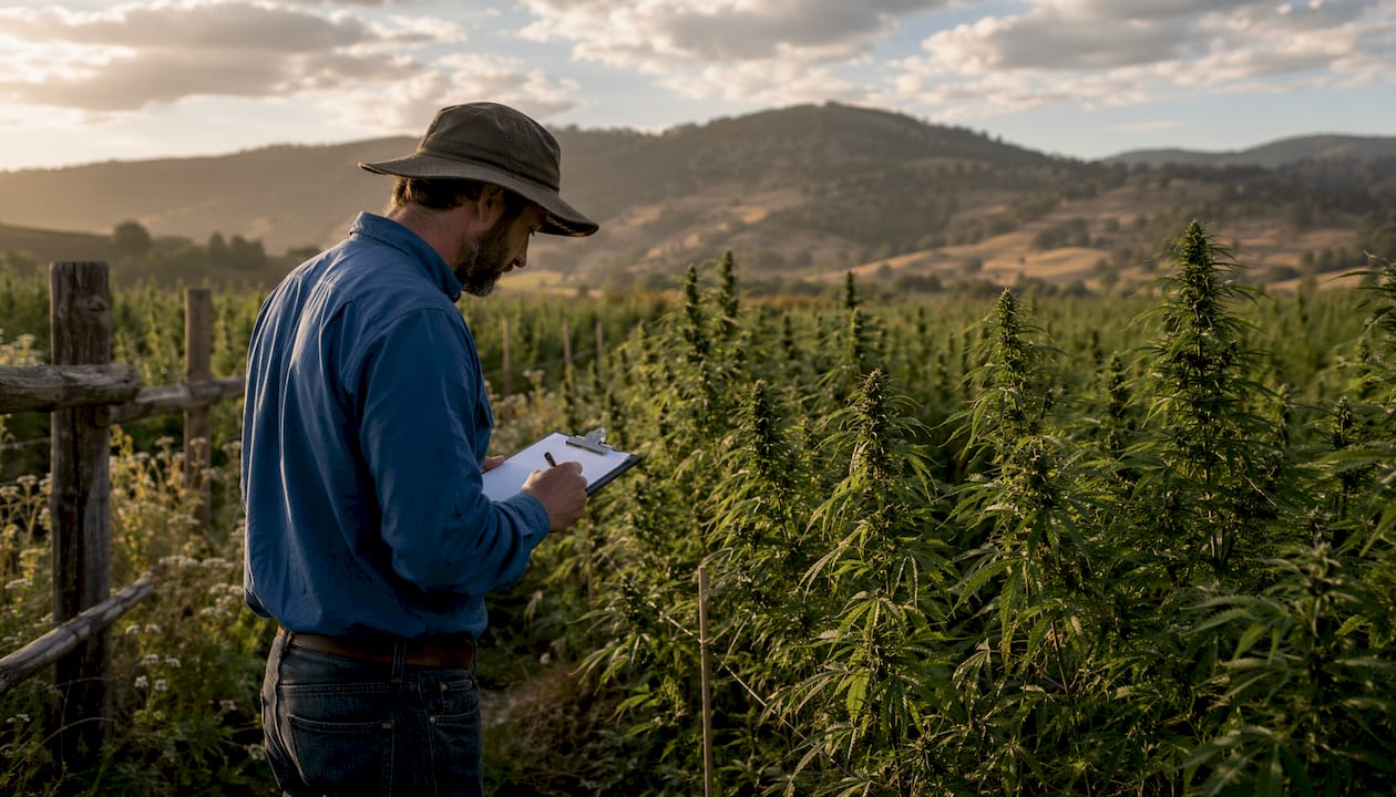 Agronomist inspecting organic hemp plants in field