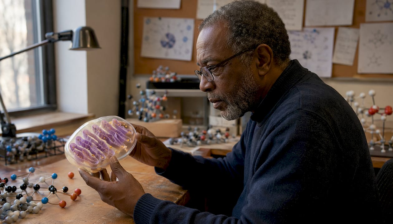 Hands holding mitochondrion model in scientific study