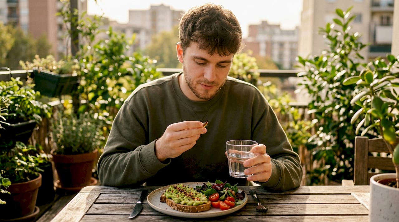 Man taking CBD capsule with breakfast meal