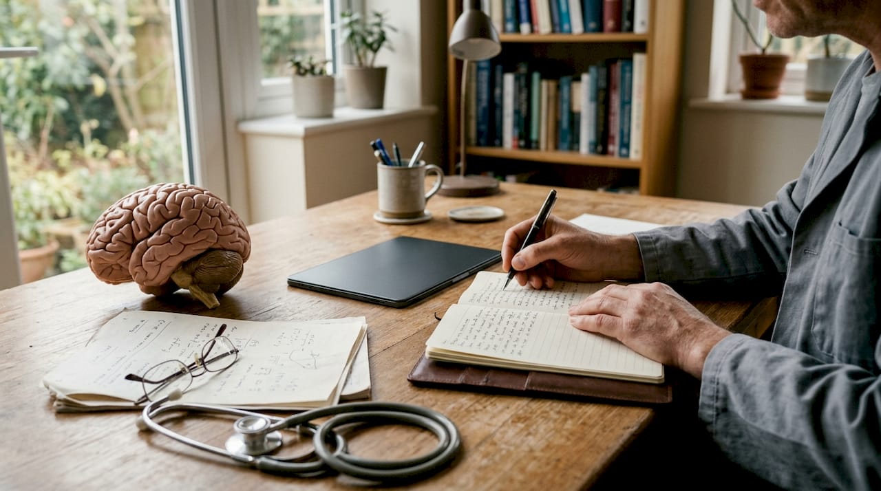 Neurologist’s desk with brain model and notes