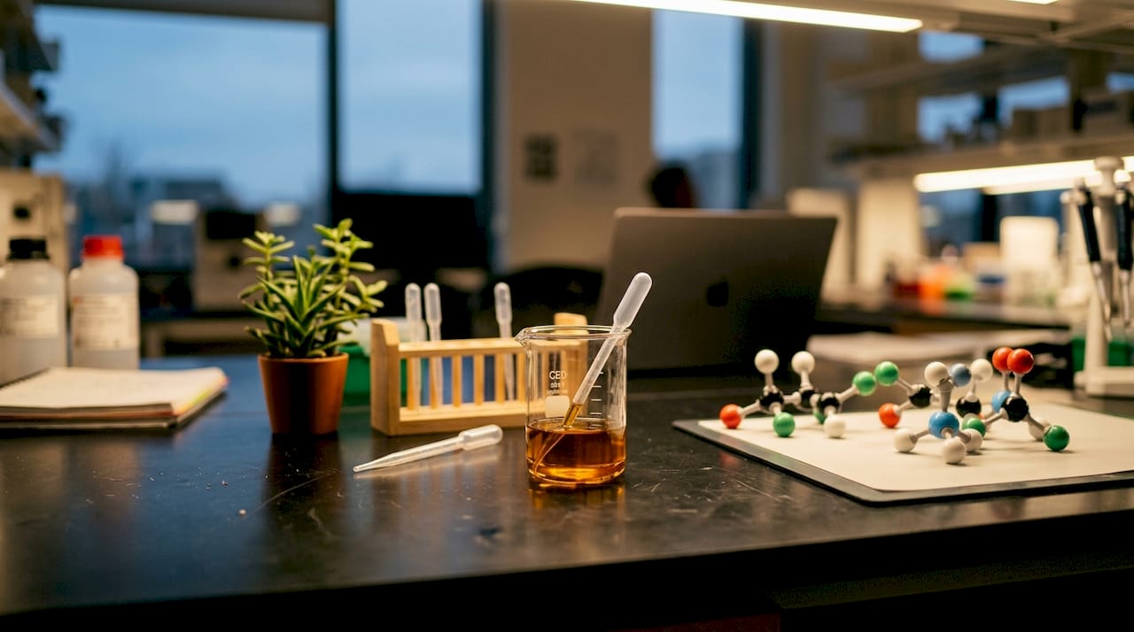 Laboratory glassware with CBD oil and molecular models