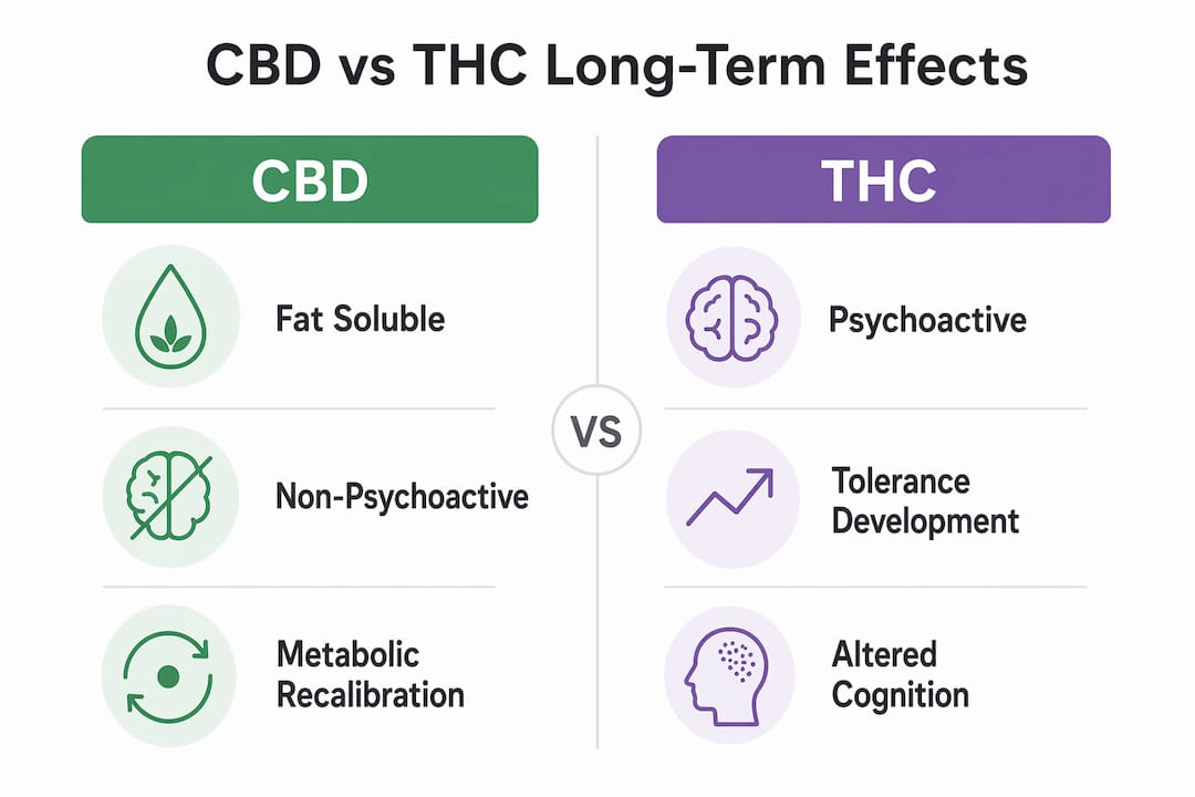 Infographic comparing CBD and THC long-term effects