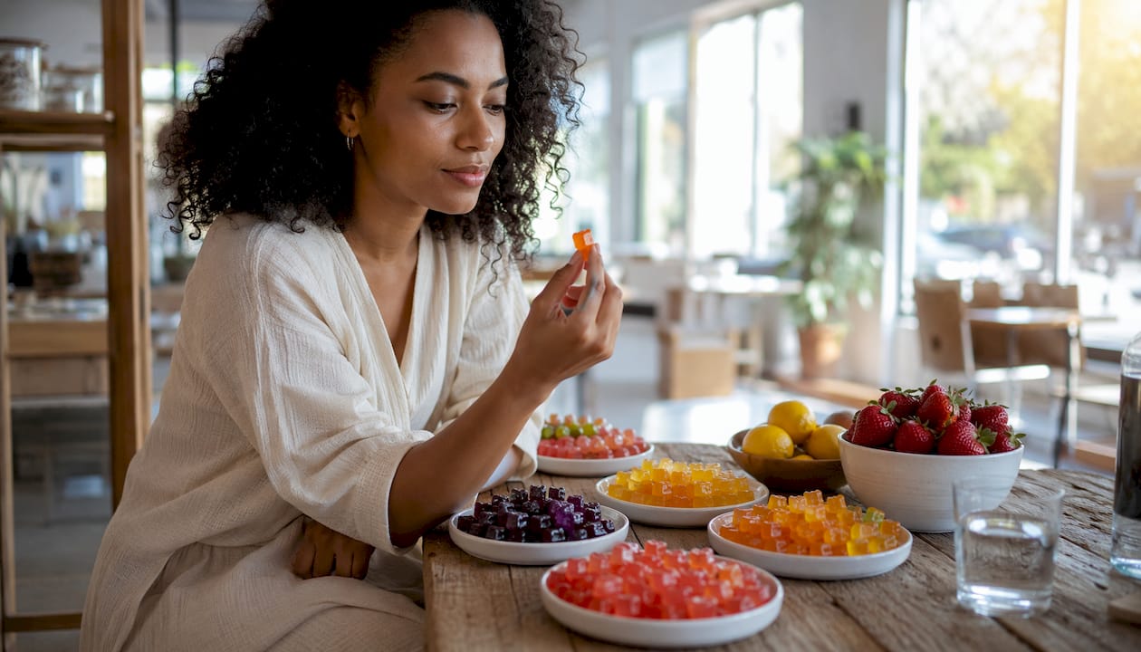 Customer tasting assorted natural CBD gummies