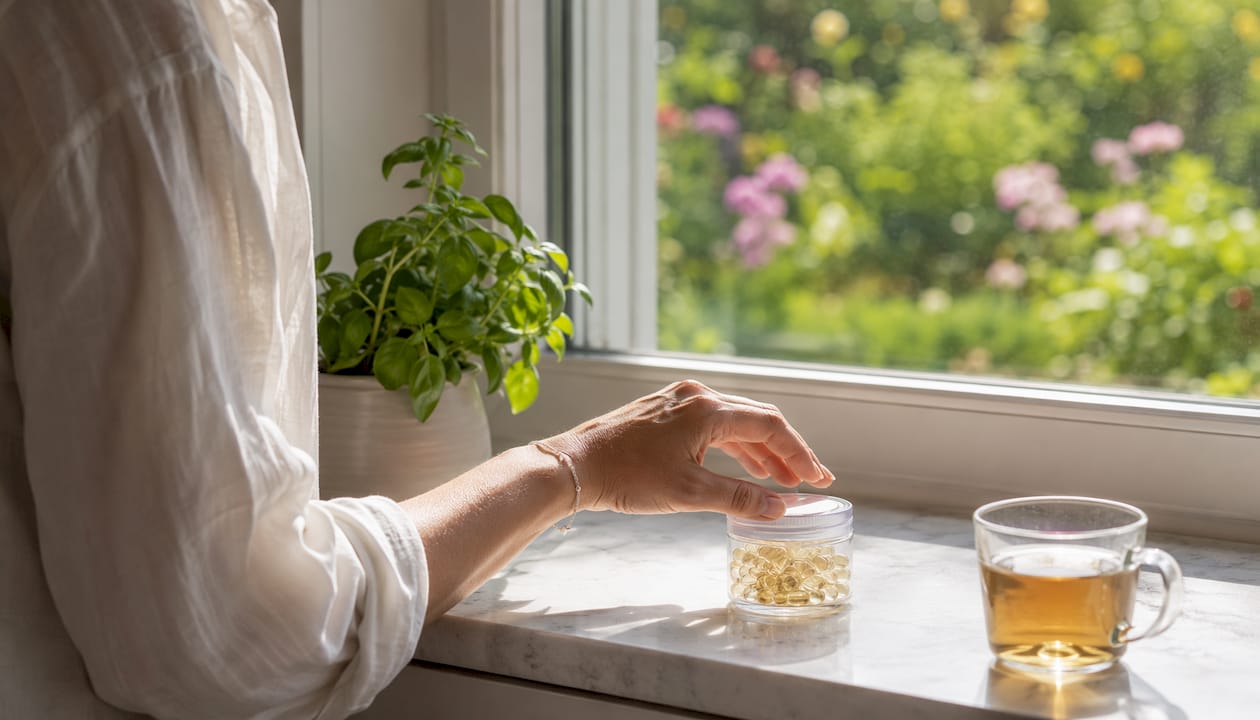 Hand holding container of tasteless CBD capsules