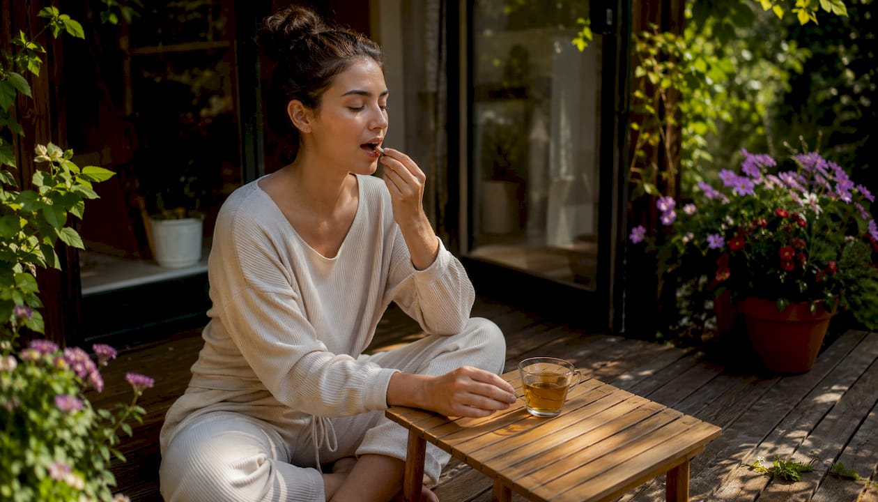 Woman taking tasteless CBD capsule at home