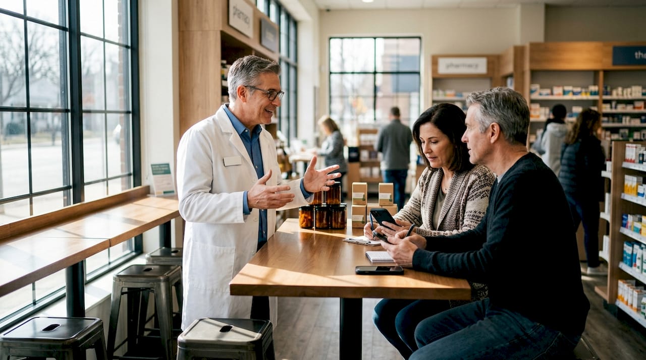 Pharmacist explaining CBD gummies to couple in consultation