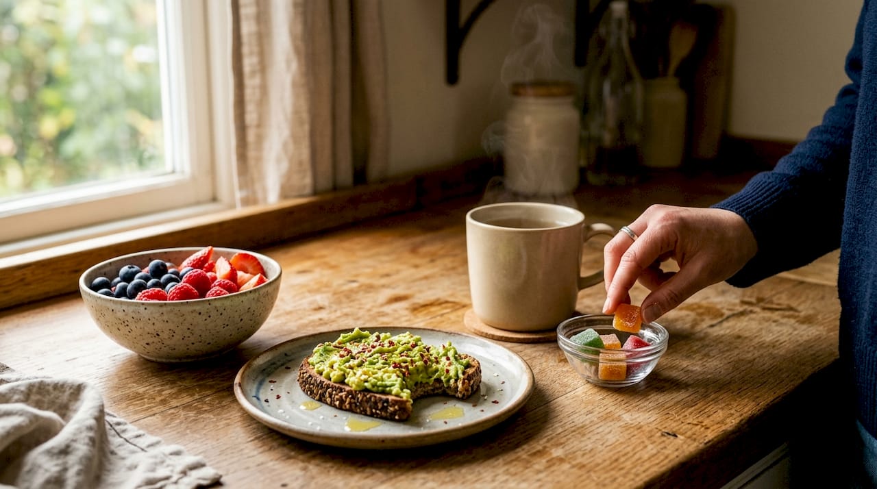 Top-down breakfast table with CBD gummies and avocado toast