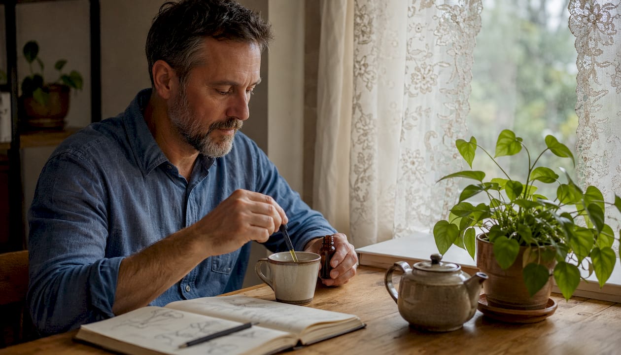 Man preparing CBD-infused tea at rustic kitchen table