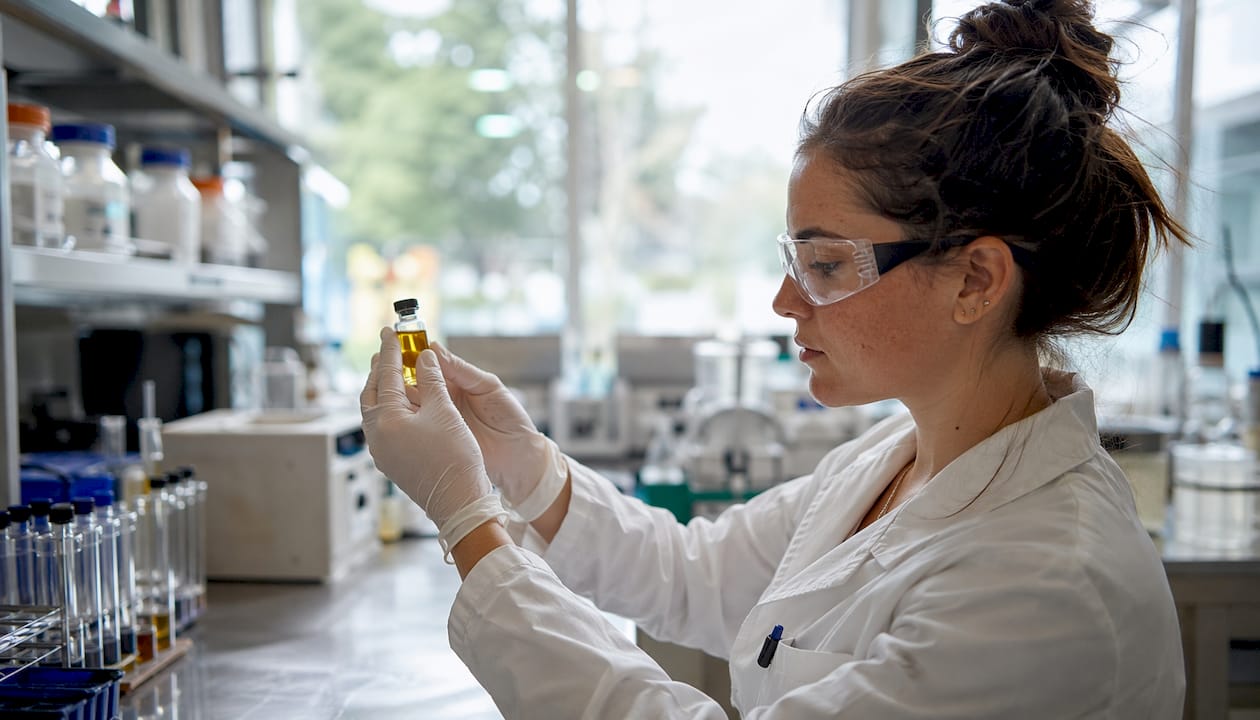 Lab technician holding CBD vial in clinical lab