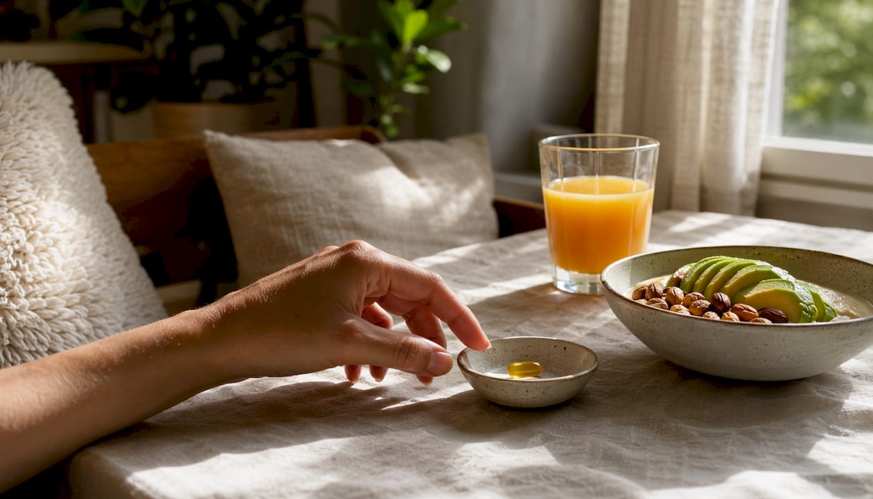 Hand picking CBD capsule near healthy fats on table