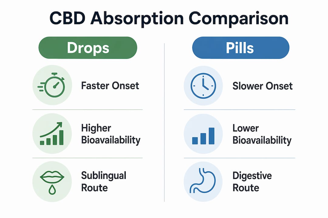 Infographic comparing CBD drops and pills absorption