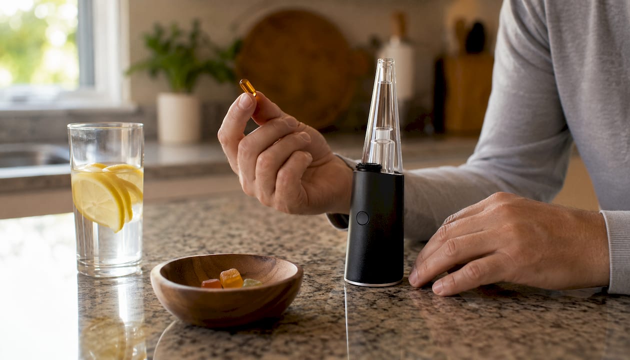 Hands holding CBD capsule near vaporizer device