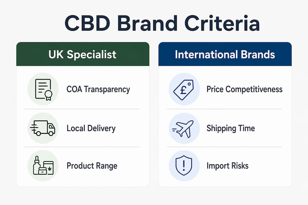 Infographic comparing UK specialist and international CBD brand criteria
