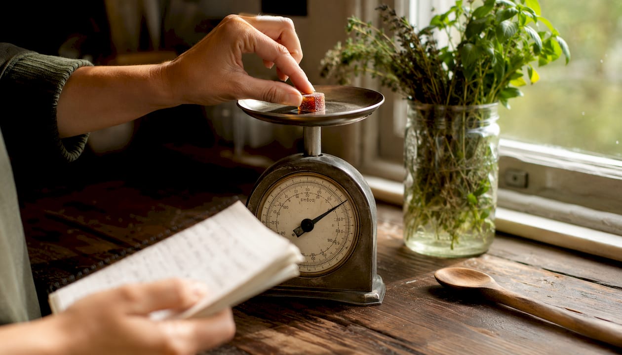 Hands weighing CBD gummy on kitchen scale