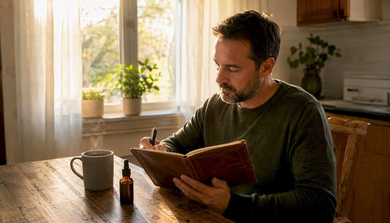 Man reviewing CBD effects journal in living room