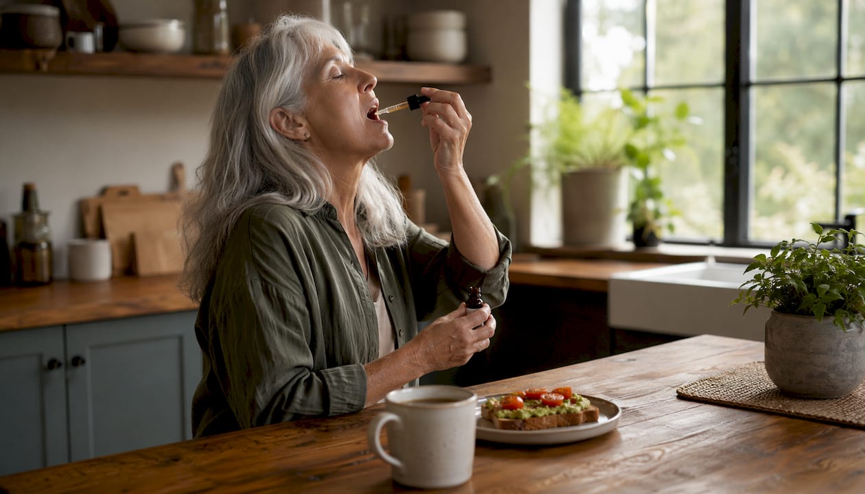 Hands administering CBD oil dose with breakfast
