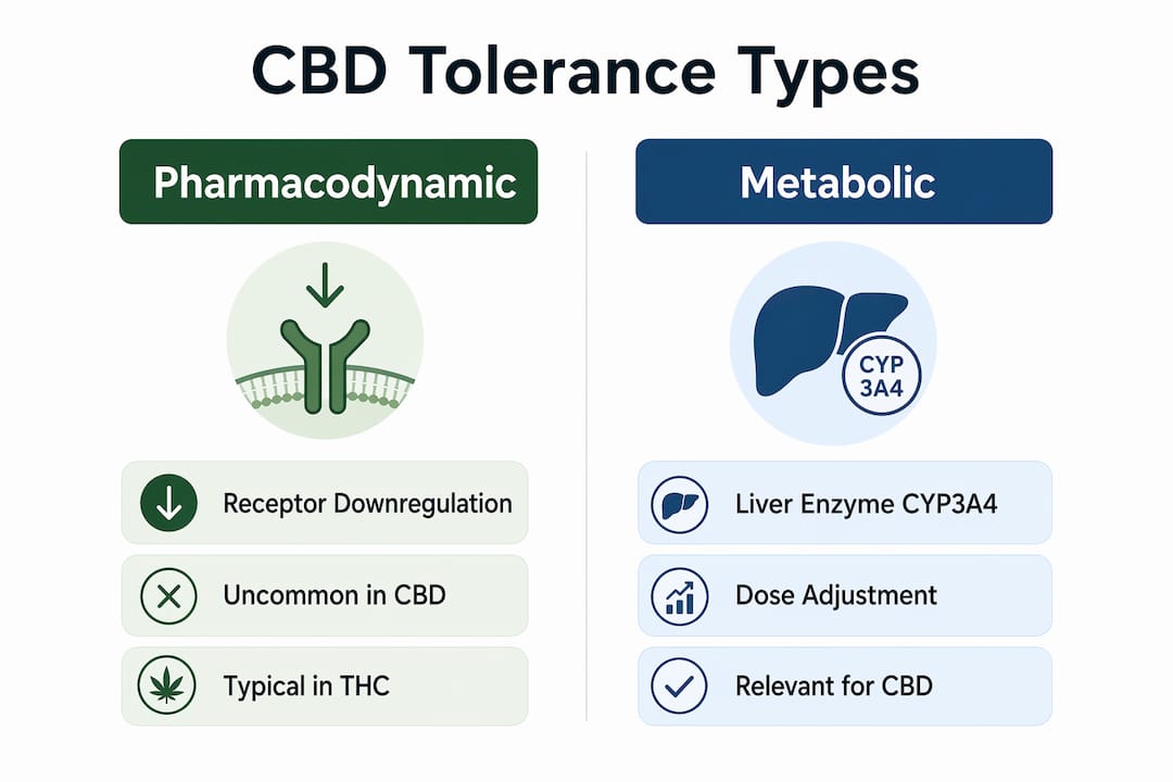 Infographic comparing CBD tolerance types pharmacodynamic vs metabolic