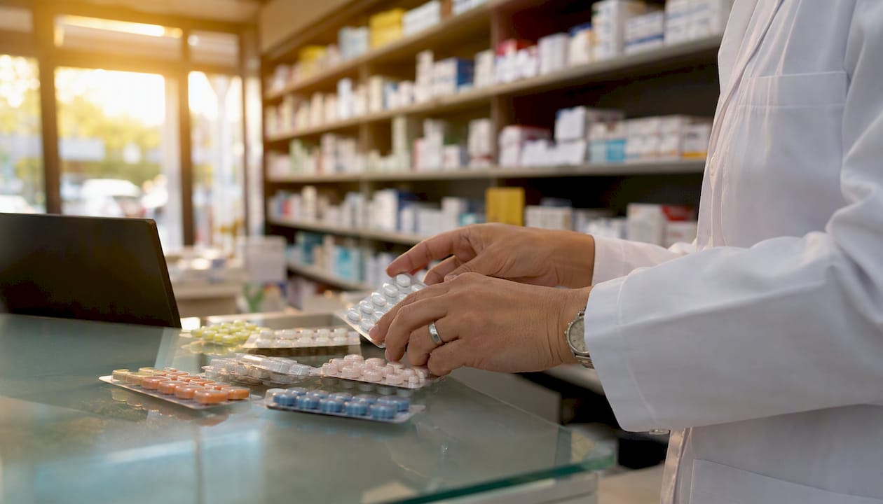 Pharmacist handling prescription pain pills