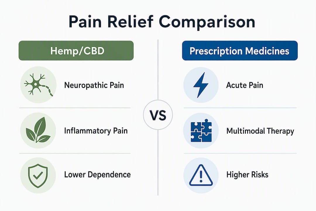 Infographic comparing hemp CBD and prescription pain relief