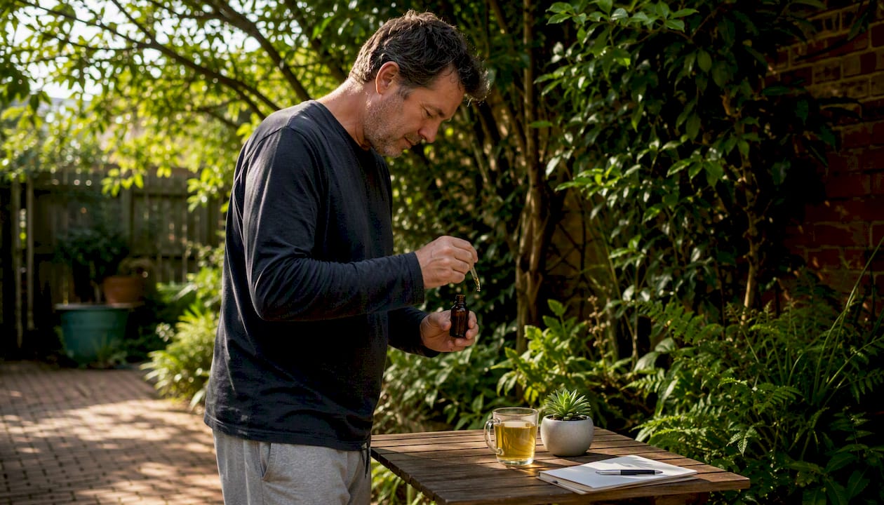 Man using CBD tincture during morning kitchen routine