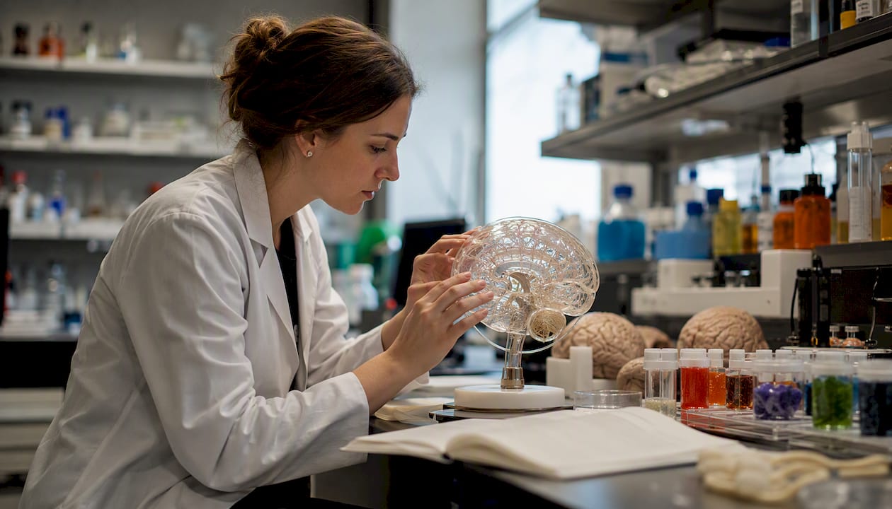 Hands holding brain model in research lab