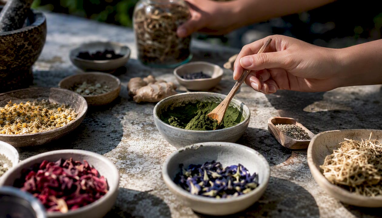Herbal supplement powders and dried herbs on table