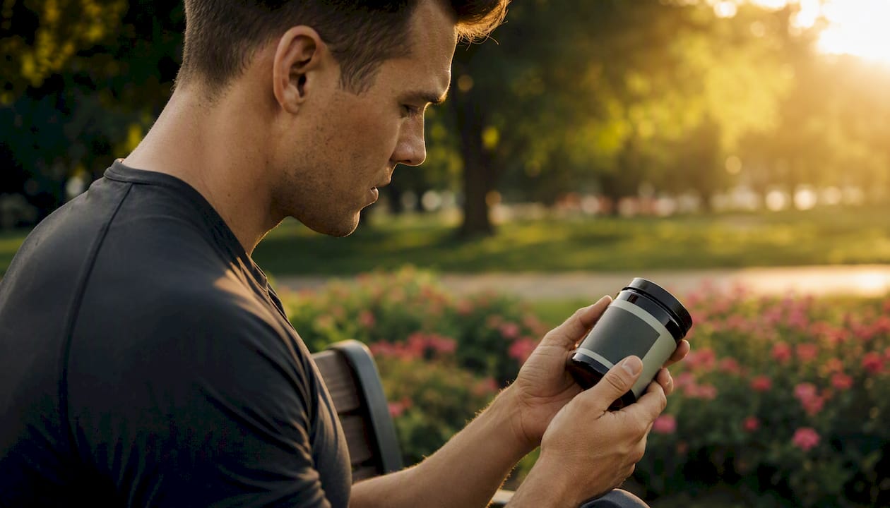 Athlete inspecting supplement bottle certification label