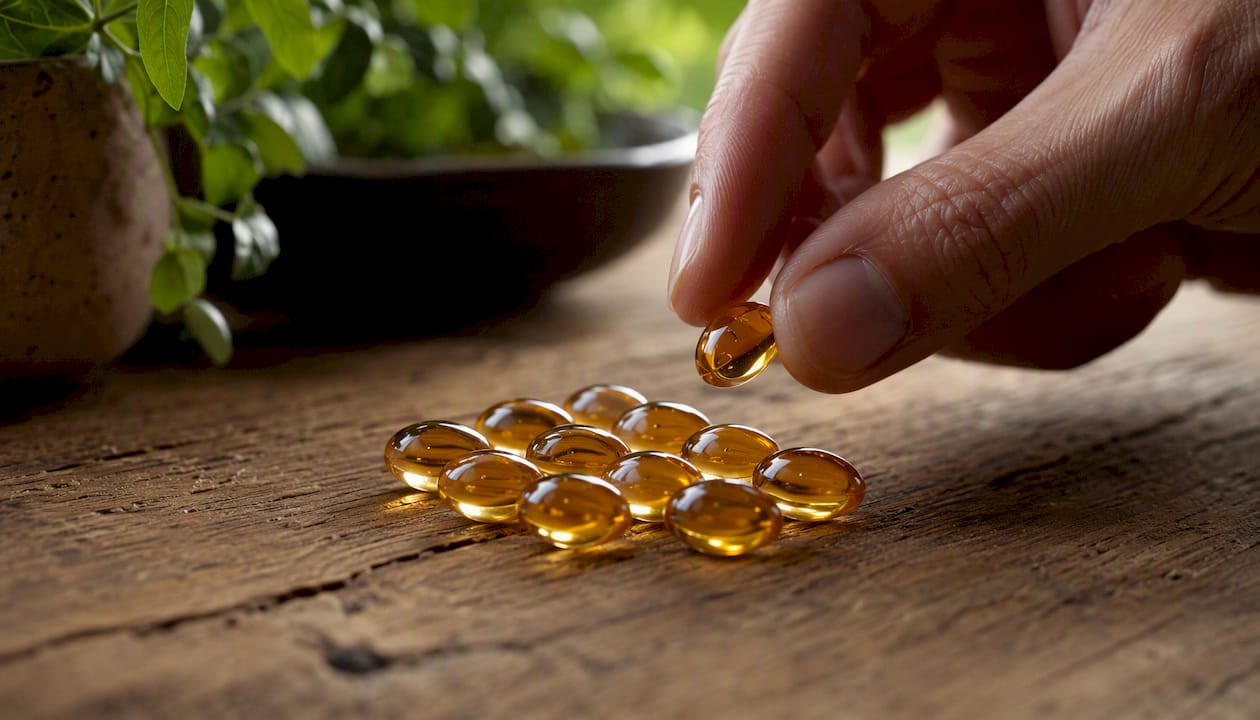Soft gel CBD capsules on fabric