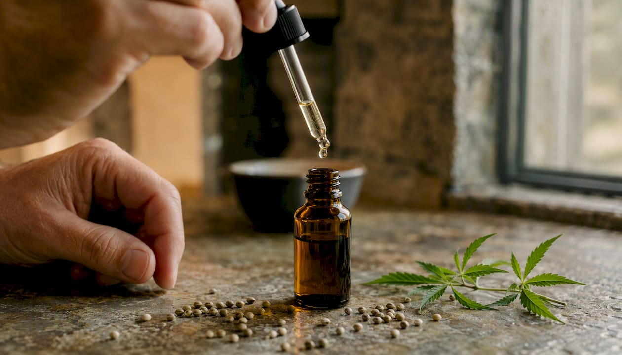 Hand filling tincture bottle with MCT oil