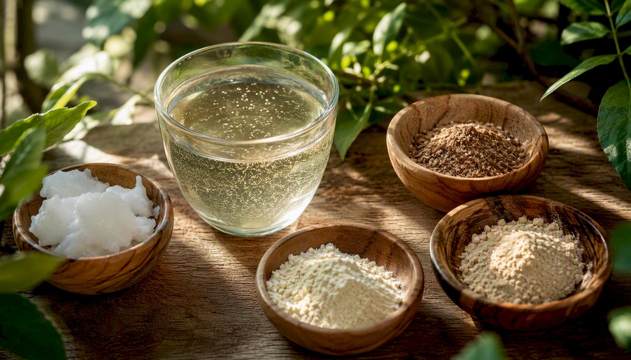 Glass with milky liquid and digestive ingredients
