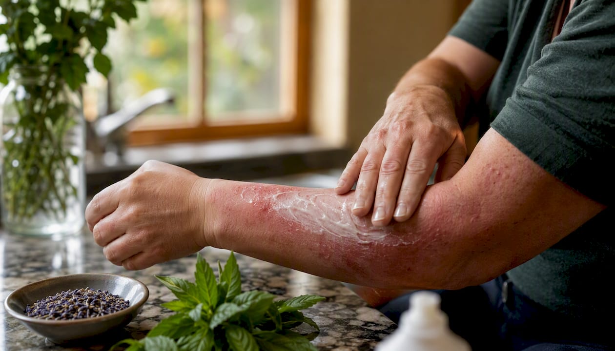 Applying topical cream on forearm