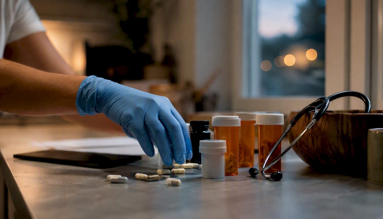 Hands handling prescription medication in clinic