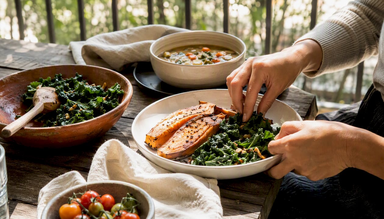 Hands plating anti-inflammatory meal in kitchen
