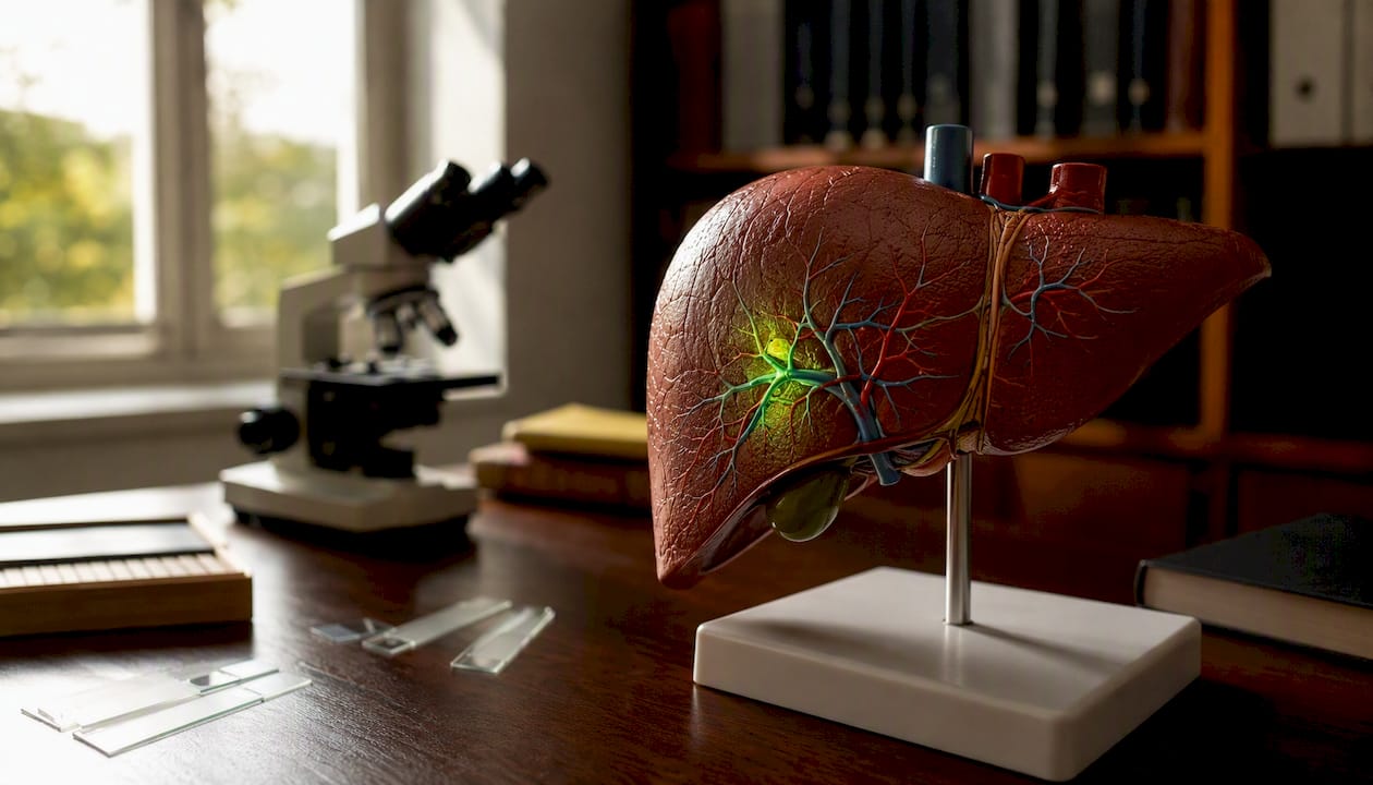 Human liver anatomical model highlighting enzyme