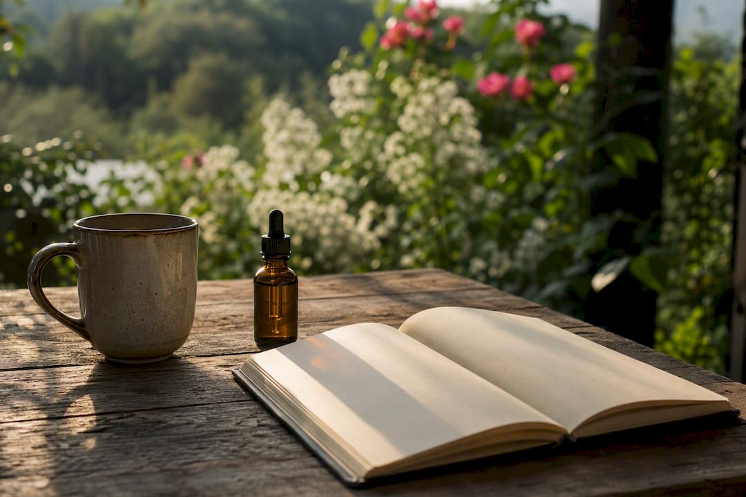 CBD oil and blank journal on sunlit table