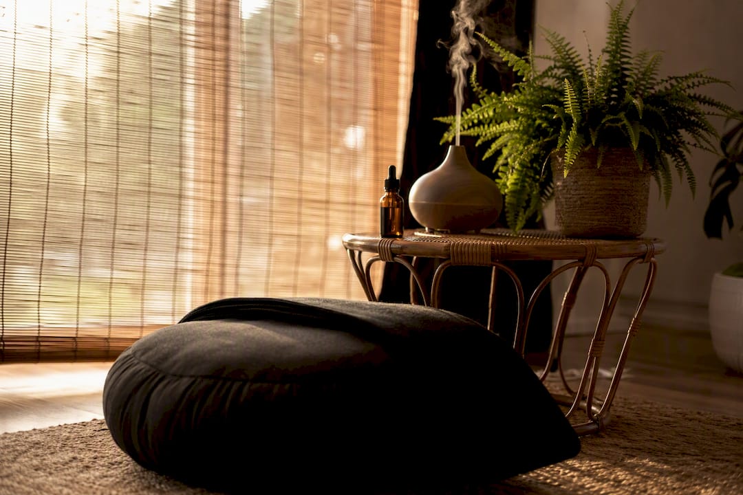 Meditation corner with CBD oil and diffuser