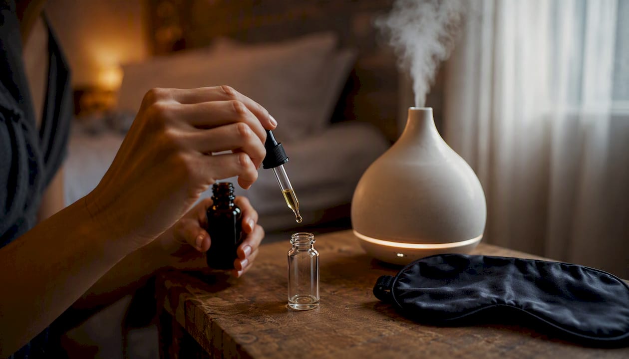 Hands pouring CBD oil over bedside table