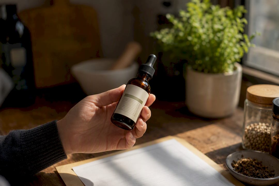 Hand holding CBD bottle with ingredient information