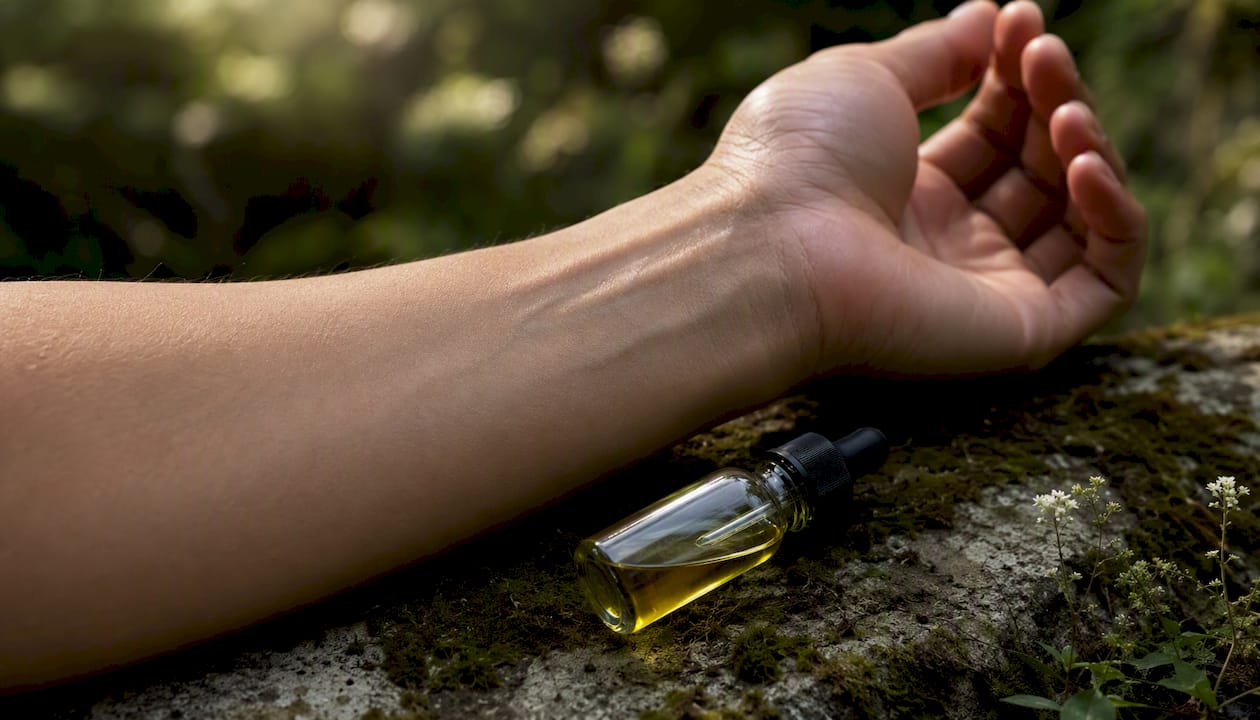 Relaxed arm with CBD oil vial on table