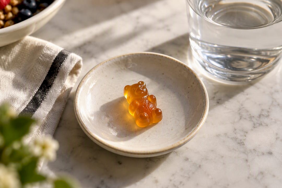 Single CBD gummy beside glass of water