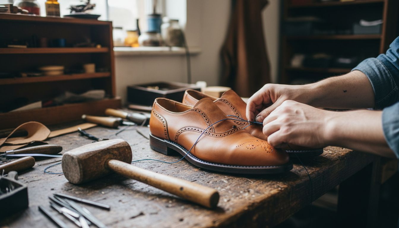 Close-up of Goodyear welt stitching process